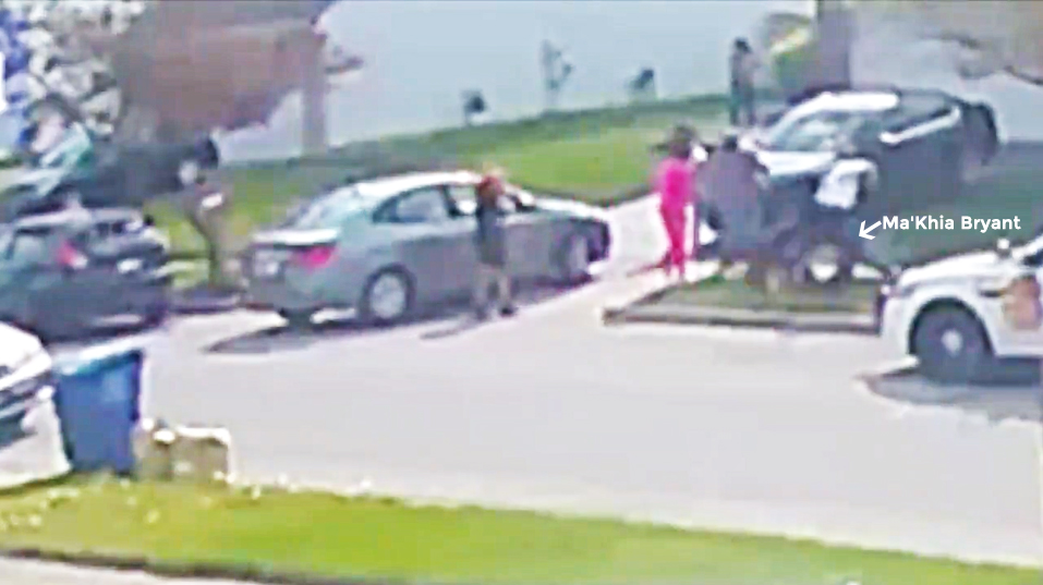 Nicholas Reardon’s firearm is unholstered, and he is pointing his firearm towards Ma’Khia Bryant. His left hand is on Ma’Khia, and here is another missed opportunity to end the altercation without lethal force. The girl in pink has now made herself part of the altercation...