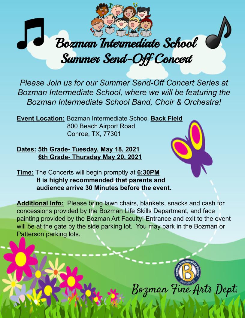 Bozman Band (@bozmanband) on Twitter photo Please Join us for our Summer Send-Off Concert Series at Bozman Intermediate School,
where we will be featuring the Bozman Intermediate School Band, Choir & Orchestra!
<a href="/ConroeFineArts/">Dr. Robert Horton</a>
<a href="/bozmanbroncos/">Bozman Intermediate, Conroe ISD</a> Please Join us for our Summer Send-Off Concert Series at Bozman Intermediate School,
where we will be featuring the Bozman Intermediate School Band, Choir & Orchestra!
<a href="/ConroeFineArts/">Dr. Robert Horton</a>
<a href="/bozmanbroncos/">Bozman Intermediate, Conroe ISD</a>