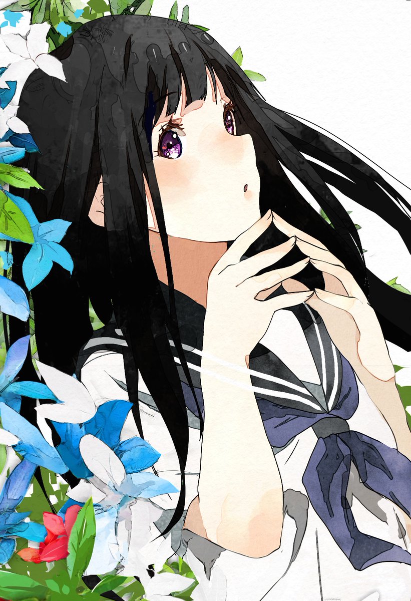 chitanda eru 1girl solo black hair long hair purple eyes school uniform kamiyama high school uniform (hyouka)  illustration images