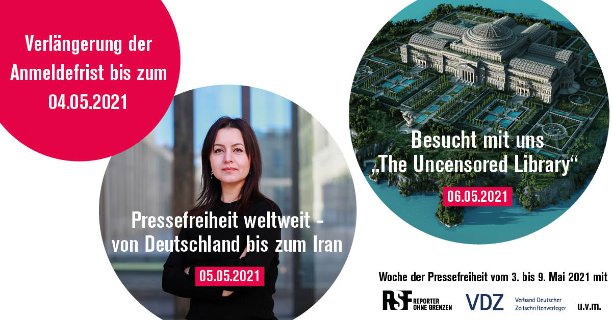 Reporter ohne Grenzen (@reporterog) on Twitter photo ***ANMELDESCHLUSS VERLĂNGERT*** Wir nehmen am 5. und 6. Mai mit einem Workshop zu #TheUncensoredLibrary und einem WerkstattgesprĂ€ch ĂŒber #Pressefreiheit an der Veranstaltungswoche âPressefreiheit ist #auchdeineFreiheitâ teil. Jetzt anmelden: reporter-ohne-grenzen.de/aktivitaeten/a⊠@VDZPresse ***ANMELDESCHLUSS VERLĂNGERT*** Wir nehmen am 5. und 6. Mai mit einem Workshop zu #TheUncensoredLibrary und einem WerkstattgesprĂ€ch ĂŒber #Pressefreiheit an der Veranstaltungswoche âPressefreiheit ist #auchdeineFreiheitâ teil. Jetzt anmelden: reporter-ohne-grenzen.de/aktivitaeten/a⊠@VDZPresse