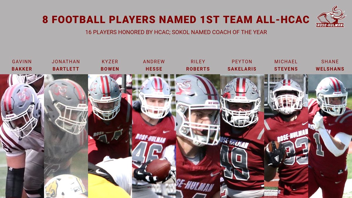 FOOTBALL: RHIT places 8 on the 1st-team all-HCAC squad &amp; 16 total players honored.  Jeff Sokol named HCAC Coach of the Year. #GoRose

Congrats to 1st teamers G. Bakker, J. Bartlett, K. Bowen, A. Hesse, R. Roberts, P. Sakelaris, M. Stevens &amp; S. Welshans.

athletics.rose-hulman.edu/news/2021/4/23…