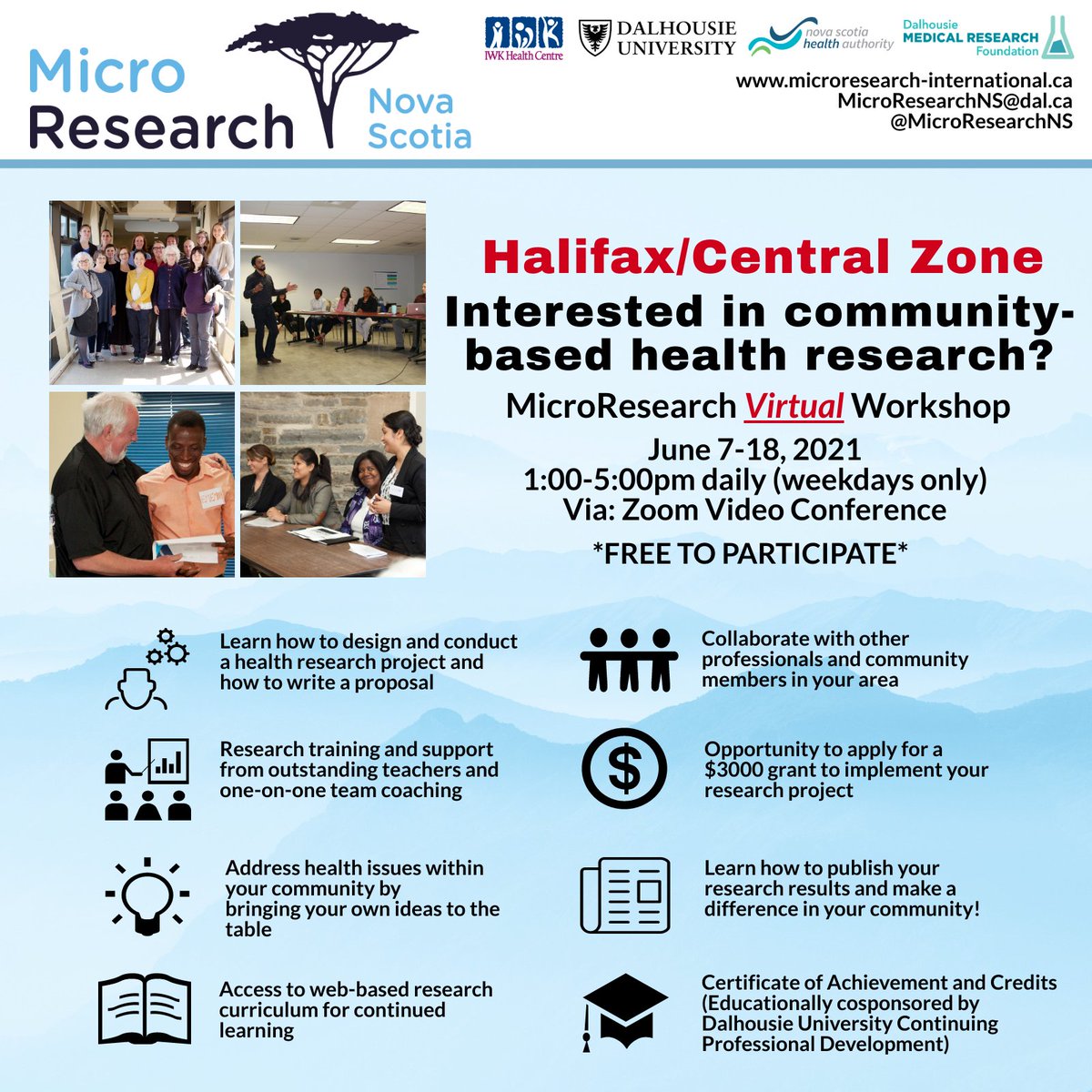 MicroResearchNS (@microresearchns) on Twitter photo MicroResearch NS is back and VIRTUAL! Are you interested in learning about community-based health research? We are looking for participants from the HRM/Central Zone for our June Virtual Workshop. Contact MicroResearchNS@dal.ca for more information! MicroResearch NS is back and VIRTUAL! Are you interested in learning about community-based health research? We are looking for participants from the HRM/Central Zone for our June Virtual Workshop. Contact MicroResearchNS@dal.ca for more information!