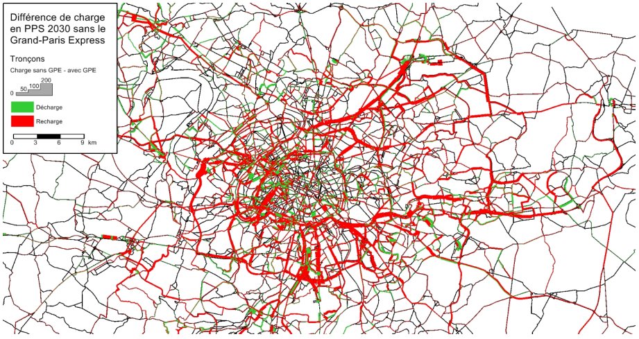 Tout d'abord, sur le trafic routier, le Grand Paris Express aura une faible incidence, et n'apportera pas de réelle amélioration sur les surcharges routiers dans la région IDFCarte routier en Pointe matin et soir avec et sans GPX 