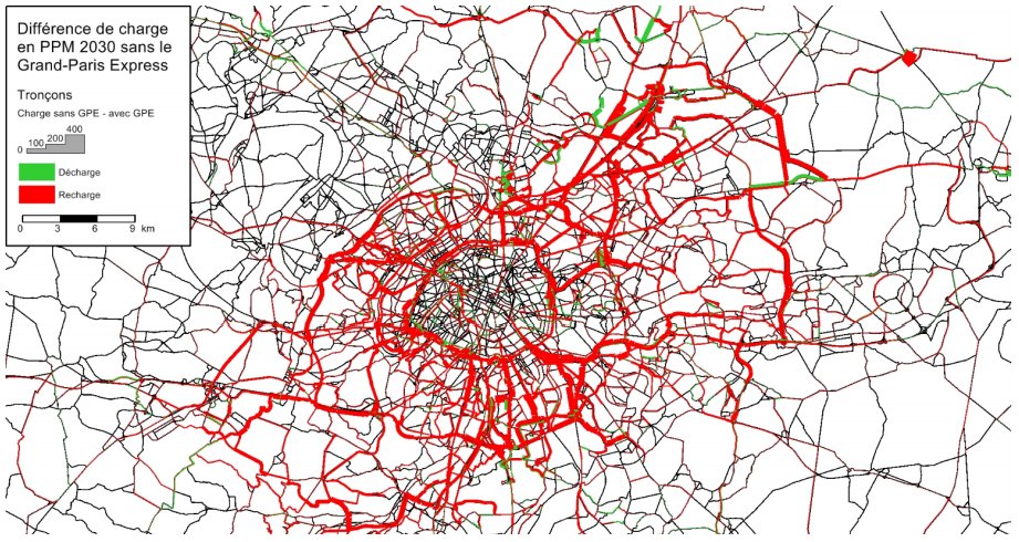 Tout d'abord, sur le trafic routier, le Grand Paris Express aura une faible incidence, et n'apportera pas de réelle amélioration sur les surcharges routiers dans la région IDFCarte routier en Pointe matin et soir avec et sans GPX 