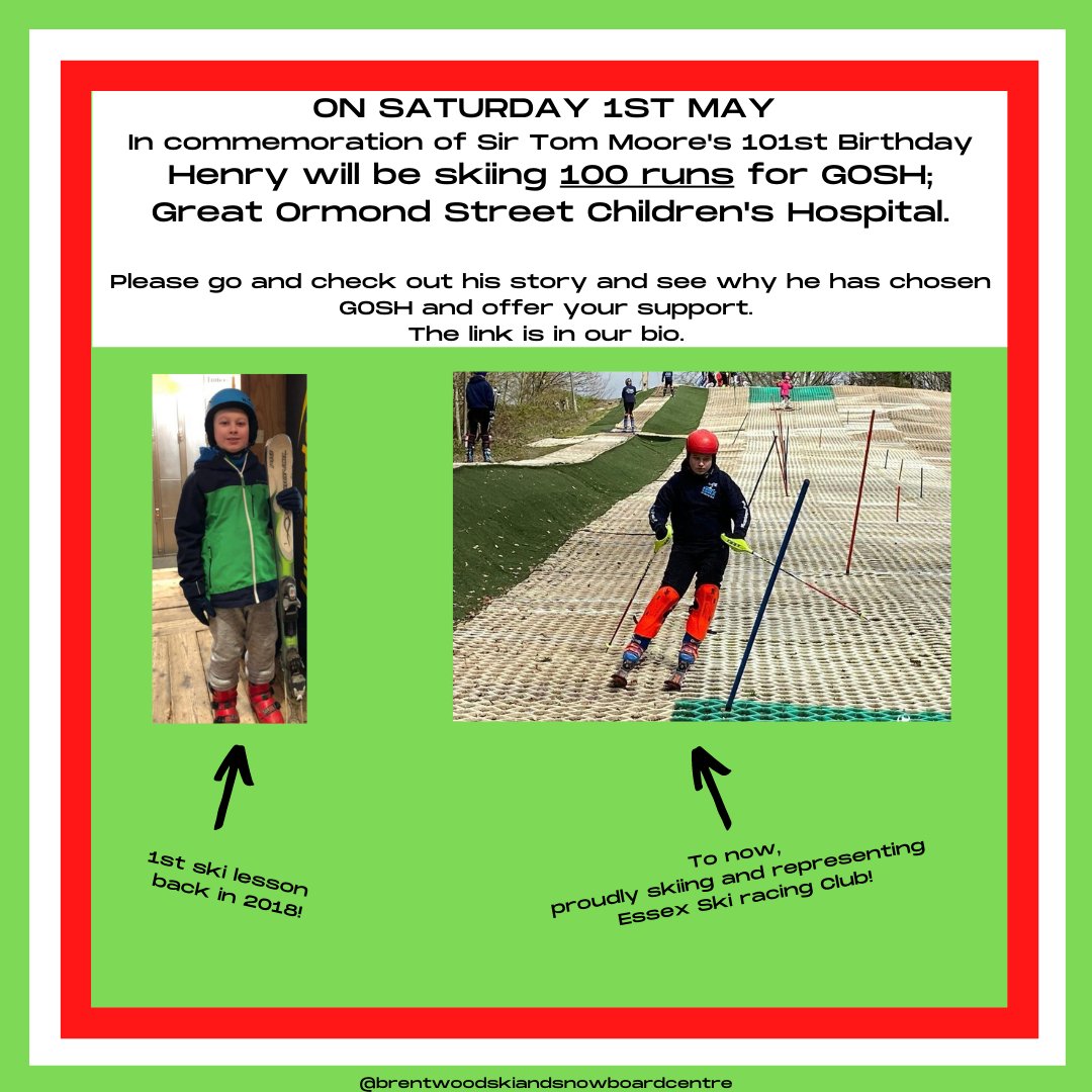 On Saturday 1st May in commemoration of Sir Tom Moore's 101st birthday, the slope will be supporting Henry in skiing 100 runs for his chosen charity: GOSH: Great Ormond Street Children's Hospital. Go to: uk.virginmoneygiving.com/RebeccaPask