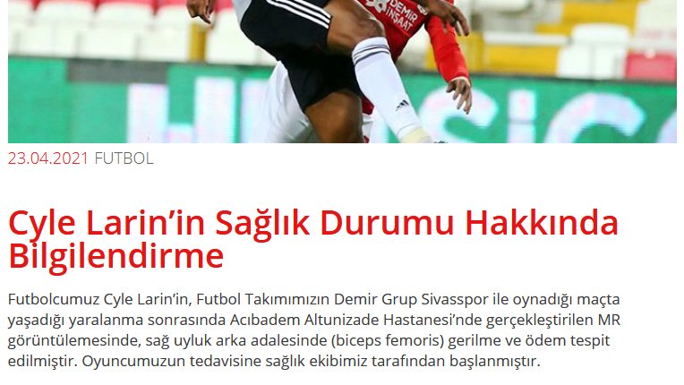 Kulübümüz, sakatlığı bulunan Cyle Larin'in Kayserispor maçında forma giyemeyeceğini açıkladı.