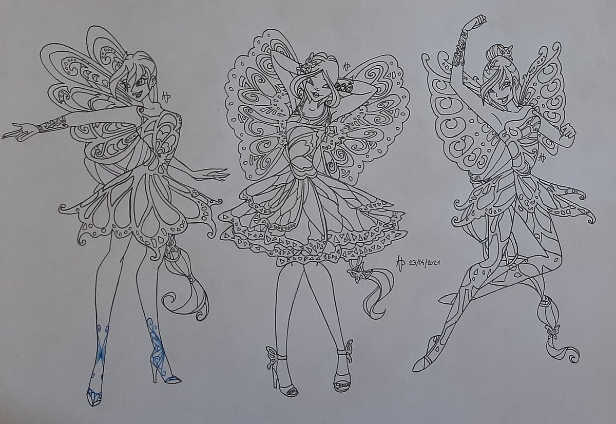 Complete designs with pose comparisons part 3!I accidentally deleted Flora's, whoopsie. Again, excuse 8yo me