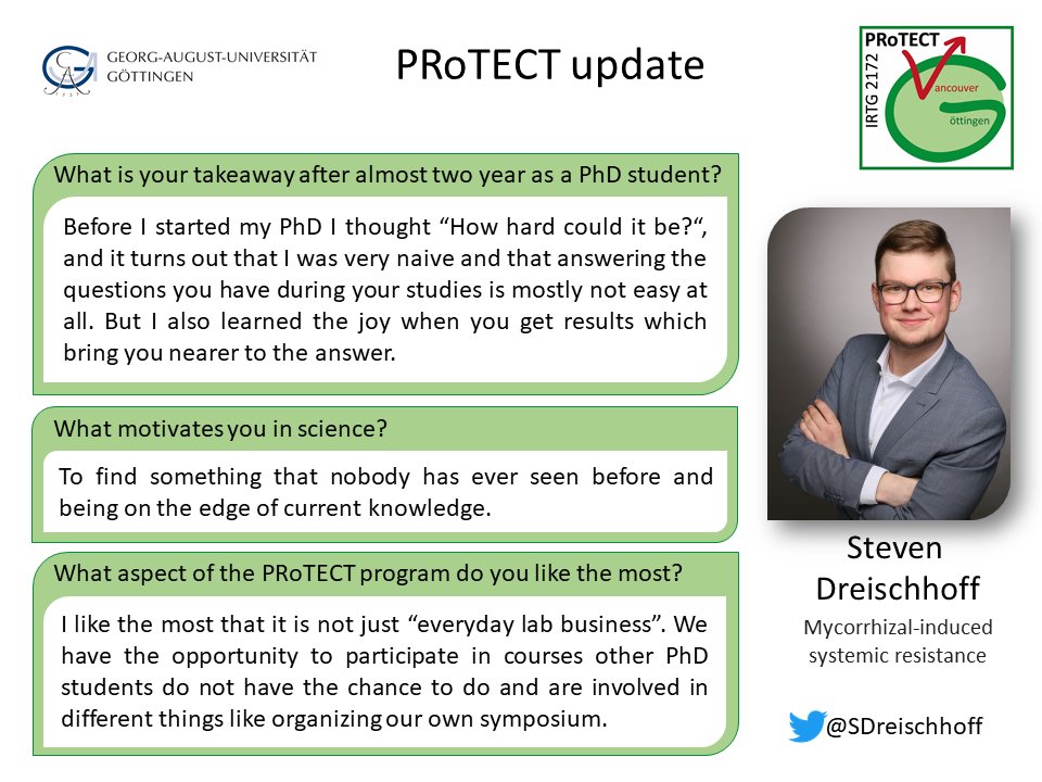 IRTG_PRoTECT's tweet photo. We are excited to introduce our PhD students to the twitter community with #PRoTECTupdate and hear more about their experience and motivation @IRTG_PRoTECT.
What is better than to begin this with our student representative from the second cohort! @SDreischhoff https://t.co/nVbI3W7W74
