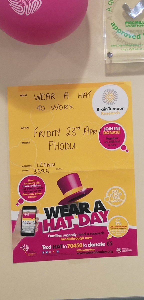 GinaBeard's tweet photo. Wear a Hat to Work Day!
Cancer nurses in our Chemo Day Unit raising awareness of brain tumours and raising some smiles (behind their masks!!) @HywelDdaHB  @braintumourrsch @UKONSmember https://t.co/1uveesj6fy