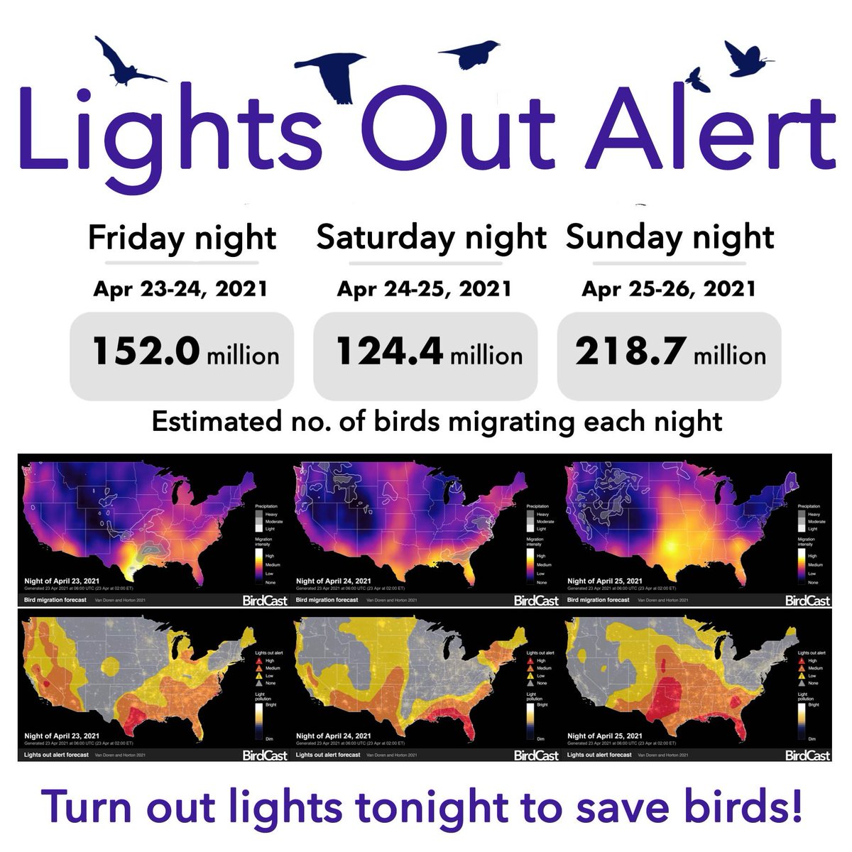 Migration alert! Millions of birds will fly thru night skies this weekend. It should make for fantastic birding—but don't forget to turn out lights at night, to help migrants stay on course. More at BirdCast: birdcast.info/science-to-act…