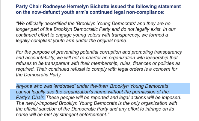 Look, I don't know the ins and outs of this fight, but <a href="/AMBichotte/">Rodneyse Bichotte Hermelyn</a> and the @BKDems absolutely come across as ridiculous and petty for saying they'll bring LEGAL ACTION against candidates that dare to claim the endorsement of the <a href="/BKYoungDems/">Brooklyn Young Democrats</a>?!