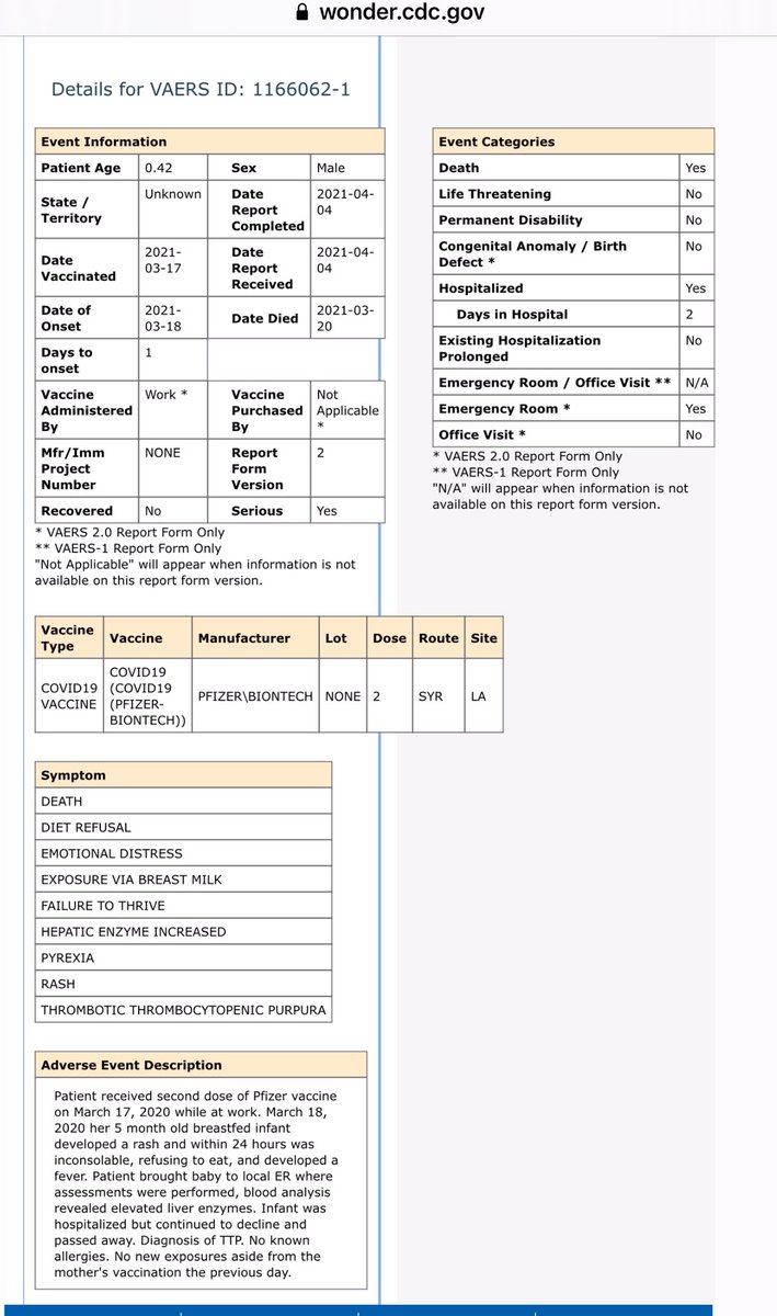 • Breastfeeding 5 month old infant has died of a rare clotting disorder linked to low platelets. He became ill one day after his mother received her 2nd Pfizer vaccine shot: