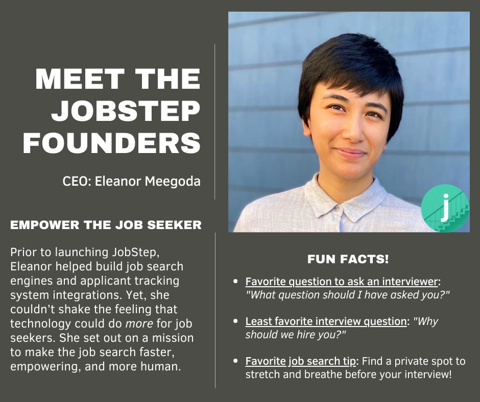 JobStepCo's tweet image. Before starting #JobStep, Eleanor built #jobsearch engines and applicant tracking system integrations for tech firms. That’s when she realized instead of being the product, #jobseekers could be the customers. ...Tech could make the job search faster, more human, and empowering.