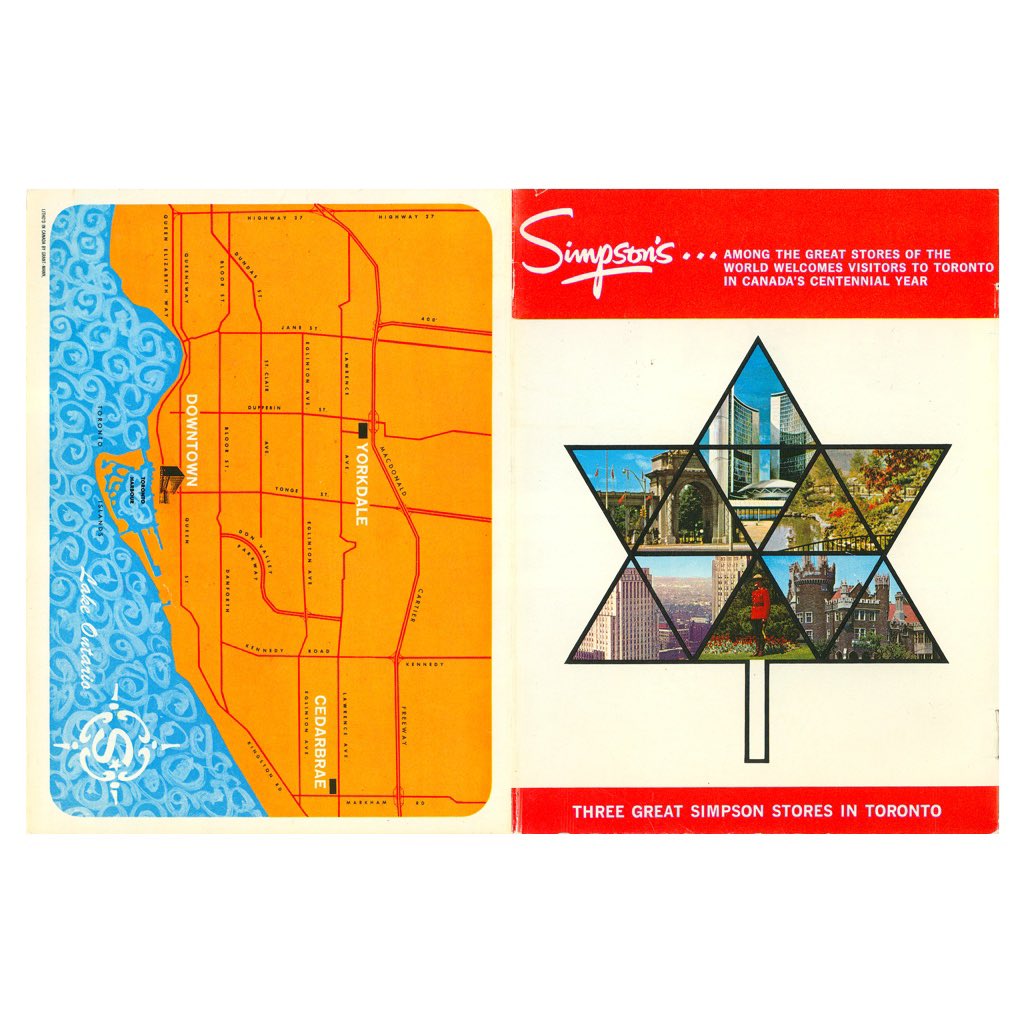HBCHeritage's tweet image. 1/3 #FlashbackFriday to this 1967 tourist brochure for Simpsons, “...a shopping paradise...”. In celebration of Canada’s centennial year, this booklet showcased the Yorkdale, Cedarbrae, and Toronto locations as exciting stops for visitors.
#HBCorporateCollection #Simpsons #Store