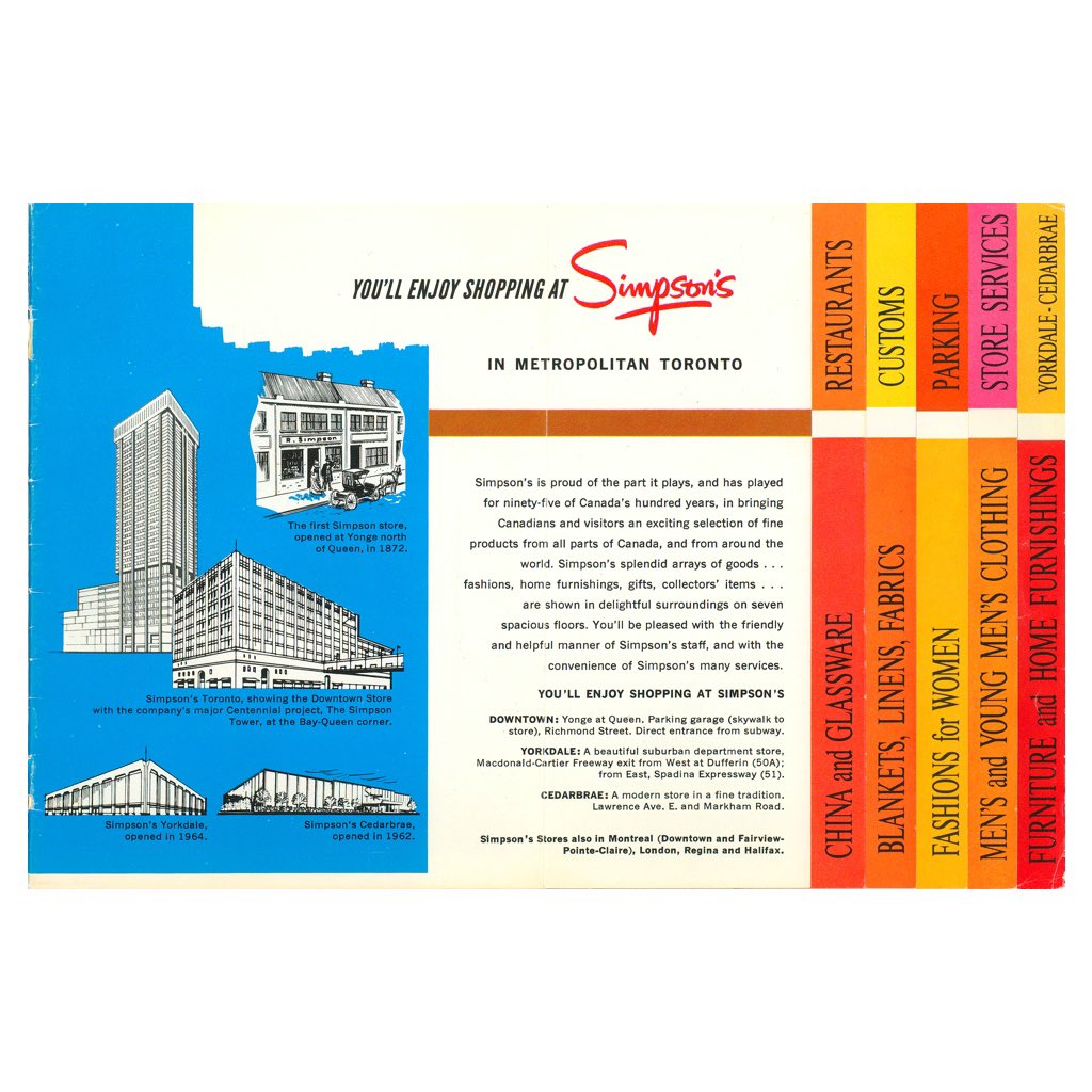HBCHeritage's tweet image. 1/3 #FlashbackFriday to this 1967 tourist brochure for Simpsons, “...a shopping paradise...”. In celebration of Canada’s centennial year, this booklet showcased the Yorkdale, Cedarbrae, and Toronto locations as exciting stops for visitors.
#HBCorporateCollection #Simpsons #Store