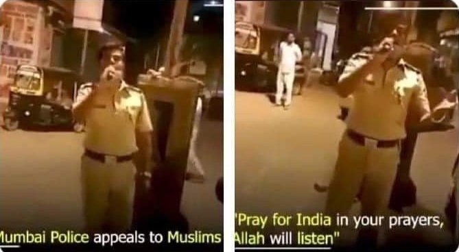 Aish_sayss's tweet photo. Video circulating on social media in which a Mumbai police personnel is announcing and appealing on streets to Muslim's saying:
"Namaz parh kay dua kijiye maina suna hai Allah rozay dar ki jaldi sunta hai".Keep them in your prayers.🤲🏼
#IndiaNeedsOxygen 
#PakistanstandswithIndia https://t.co/JRCI2tIOth