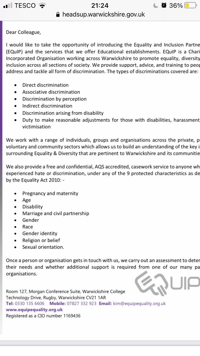 Once again we have problems in Warwickshire.  @EquipEquality1 are misrepresenting the Equality Act to schools. Are you endorsing this  @Warwickshire_CC? Have you not learnt from previous debacles?  @ChtyCommission is it acceptable to misrepresent the law? https://headsup.warwickshire.gov.uk/assets/1/equip_school_letter1a_2.pdf