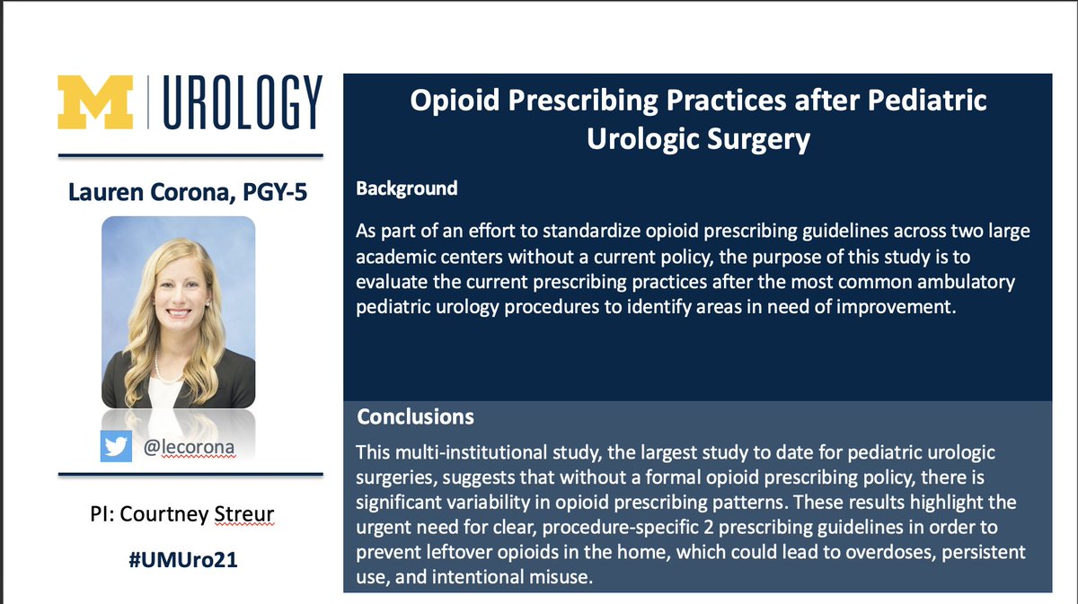 UM Urology Residency Program (@umuroresidency) on Twitter photo Next up: Pediatrics, Surgical Education, and Telehealth
.<a href="/lecorona/">Lauren Corona</a> highlights how variability in opioid prescribing patterns may contribute to overuse in pediatric urologic surgeries. Next up: Pediatrics, Surgical Education, and Telehealth
.<a href="/lecorona/">Lauren Corona</a> highlights how variability in opioid prescribing patterns may contribute to overuse in pediatric urologic surgeries.