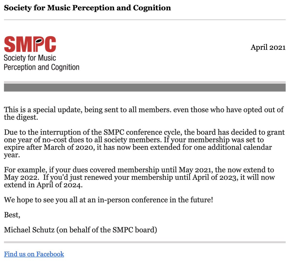 socmusicperccog's tweet image. SMPC has announced a year-long dues extension.
If you're not currently a member, please consider joining our awesome #musicscience community!