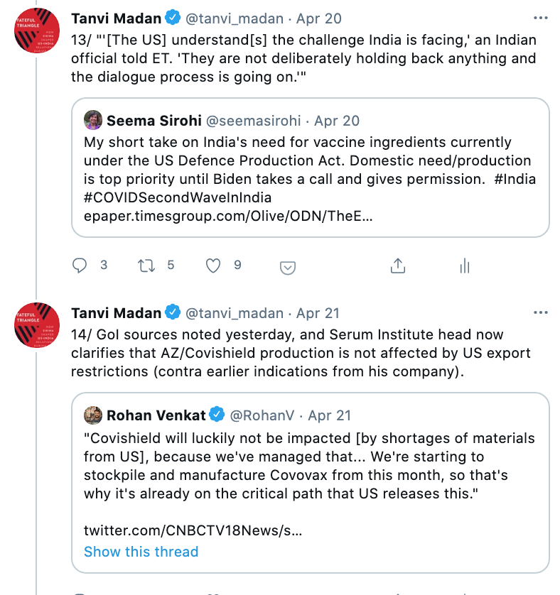 17/ what we've heard in the past few days from GoI sources & from the SII CEO (and, given that his messaging has been all over the place, it's a good time for the media to get some clarity from him too + cross-check his claims)