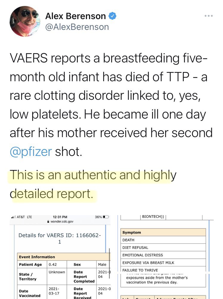 Alex Berenson is tweeting today about the death of a baby following his mother’s vaccination.This is based on an ‘authentic, highly detailed’ VAERS report.Sounds scary. Until you look at the report a bit closer, and understand how VAERS works...1/5