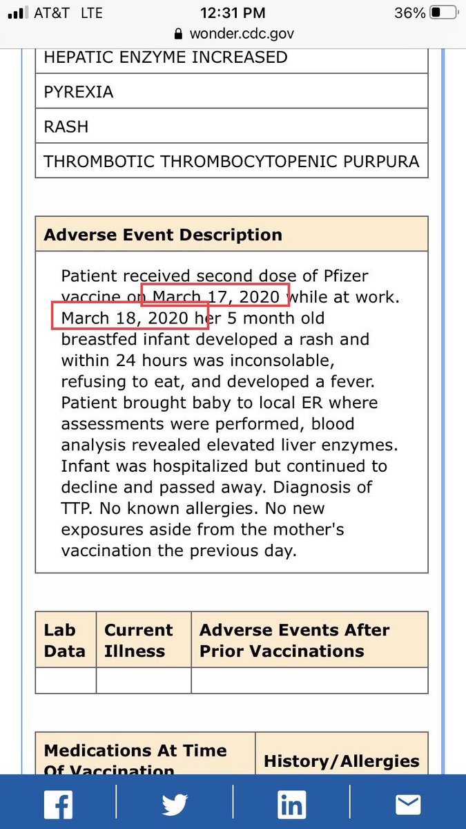 The report says the baby died from a rare allergic reaction on 18th March, after his mother was vaccinated the day before.There are some date errors (year = 2020) - a warning flag that this might not be what it seems 2/5