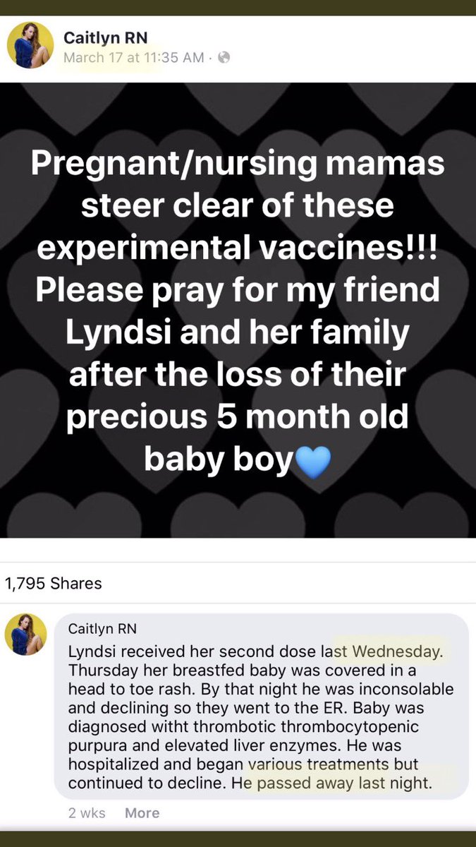 A follower replied that the case had been reported on Facebook by a friend of the family.In this version, the friend is posting on 17th March - the baby died on the 16th, and the mother was vaccinated on the 10th3/5