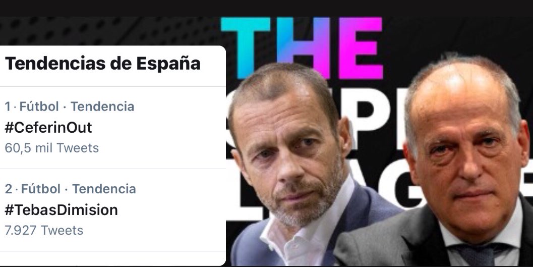 elchiringuitotv's tweet image. 🔥 ¡CLAMOR TOTAL EN ESPAÑA! 🔥

💥 #CeferinOut y #TebasDimisión, TRENDING TOPIC nº 🥇y 🥈