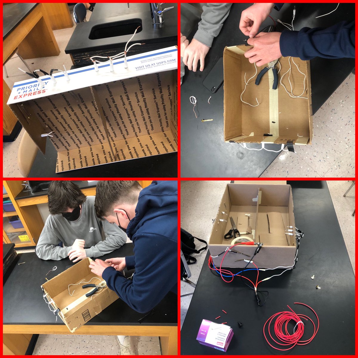 The task? Build a cardboard house with some creative home decor, wire lights for one room in series, one in parallel, one outside, each with a switch, all powered by one 9V battery. That’s what Mr. Reitenbach’s #Physics students started this week.#NewtownHS #science https://t.co/MIkSkELkzX