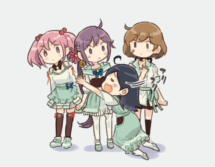 akebono (kancolle) ,oboro (kancolle) ,sazanami (kancolle) ,ushio (kancolle) 4girls hair ornament multiple girls purple hair bell flower hair flower  illustration images