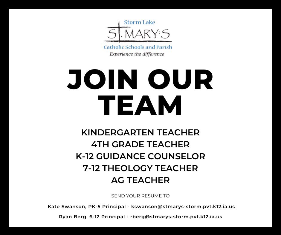 Looking to work in a faith-based environment with a fun-loving team? Join the St. Mary's family today! 🖤

Learn more - stmarys-storm.pvt.k12.ia.us/.../employment...