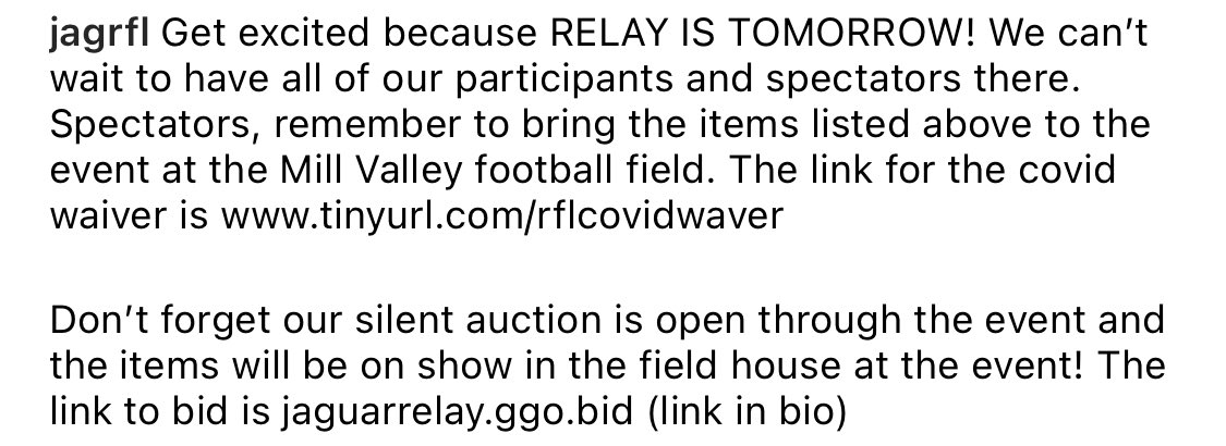 jagRFL's tweet photo. Get excited because RELAY IS TOMORROW! We can’t wait to have all of our participants and spectators there. Spectators, remember to bring the items listed above to the event at the Mill Valley football field. https://t.co/bWj2vrL06U 
https://t.co/i9IwI1im0X https://t.co/9DGi8ZXoaL