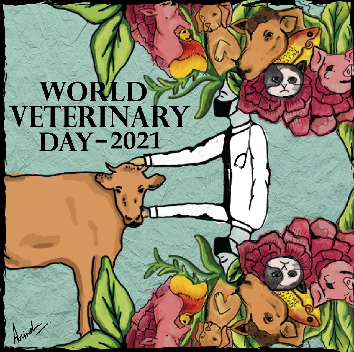 VetHelpline's tweet photo. Arindam Kalita – a class XI student #Guwahati, has contributed this artwork to our website for #WorldVeterinaryDay2021 celebrations on the theme: Veterinarian Response to the Covid. Check our covid support to @vet_dept_assam https://t.co/aqGbXpAqs9 @WorldVetAssoc @Health4Animals https://t.co/qcVRVqrxOz
