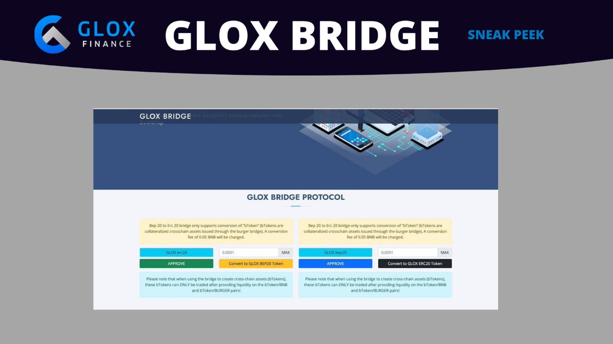 We are excited to share the sneak peek of GLOX BRIDGE!

It will be launched soon 

#GloxFinance $GLOX #defi #BSC #BinanceSmartChain