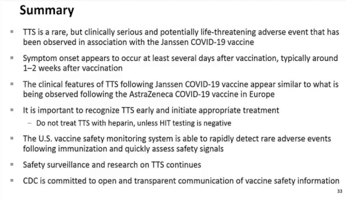 Shimabakuro summarising now:“TTS is rare but clinically serious and potentially life threatening and a potentially life threatening adverse event that has been observed in association with the Janssen  #COVID19 vaccine"
