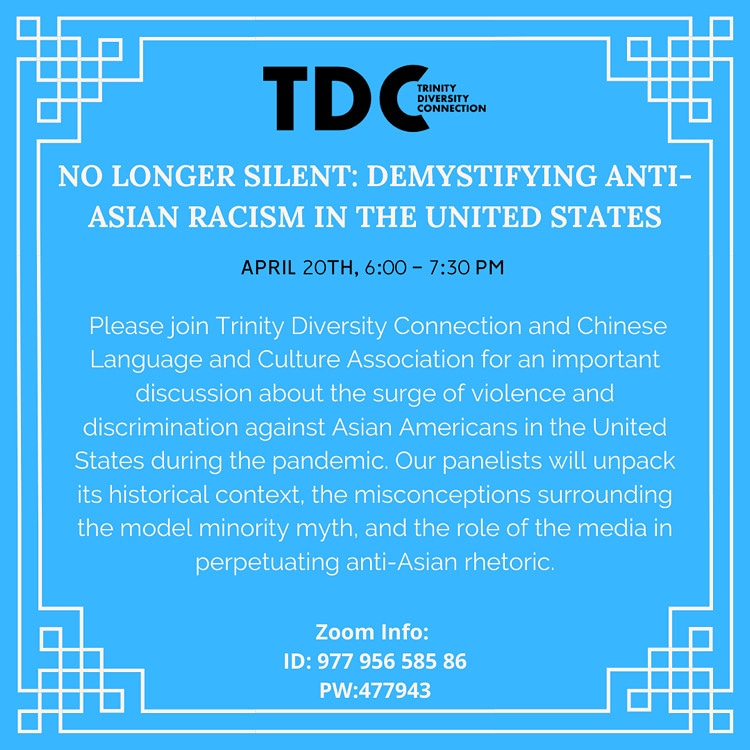 trinityutdc's tweet image. 🚨It's time to talk about Asian hate in the U.S.🚨 Please join us and CLCA on April 20th from 6-7:30 pm through Zoom Webinar to learn about the surge of violence, the history behind it, and much more! The Zoom link can be found in our bio :)