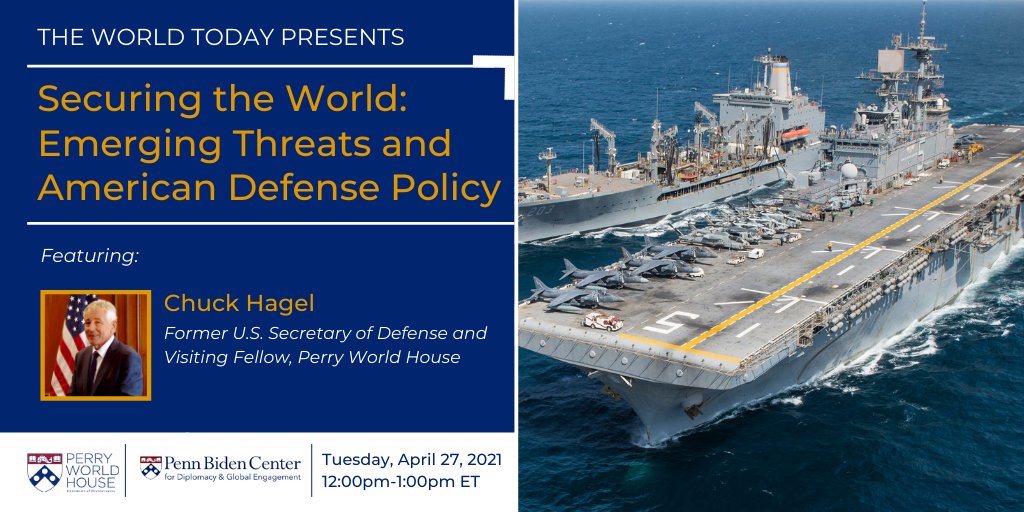 Next week, former U.S. SecDef Chuck Hagel will join us and <a href="/PennBiden/">Penn Biden Center</a> to share his insights on the future of defense policy and how we can prepare for the biggest security threats of the coming decades. Register here: global.upenn.edu/perryworldhous…