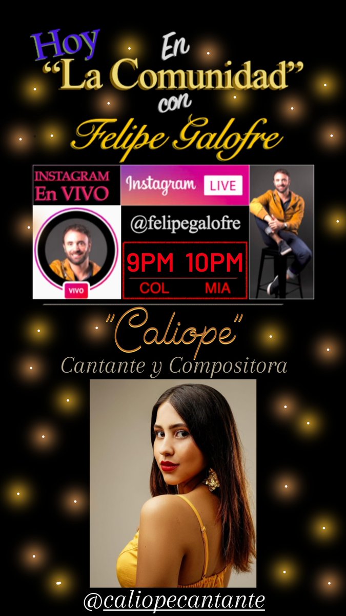 Esta noche en "La Comunidad"
Caliope @CaliopeCantante
Por mi INSTAGRAM LIVE
instagram.com/felipegalofre?… 
Los espero a las 9:00PM Colombia (10:00PM Miami)