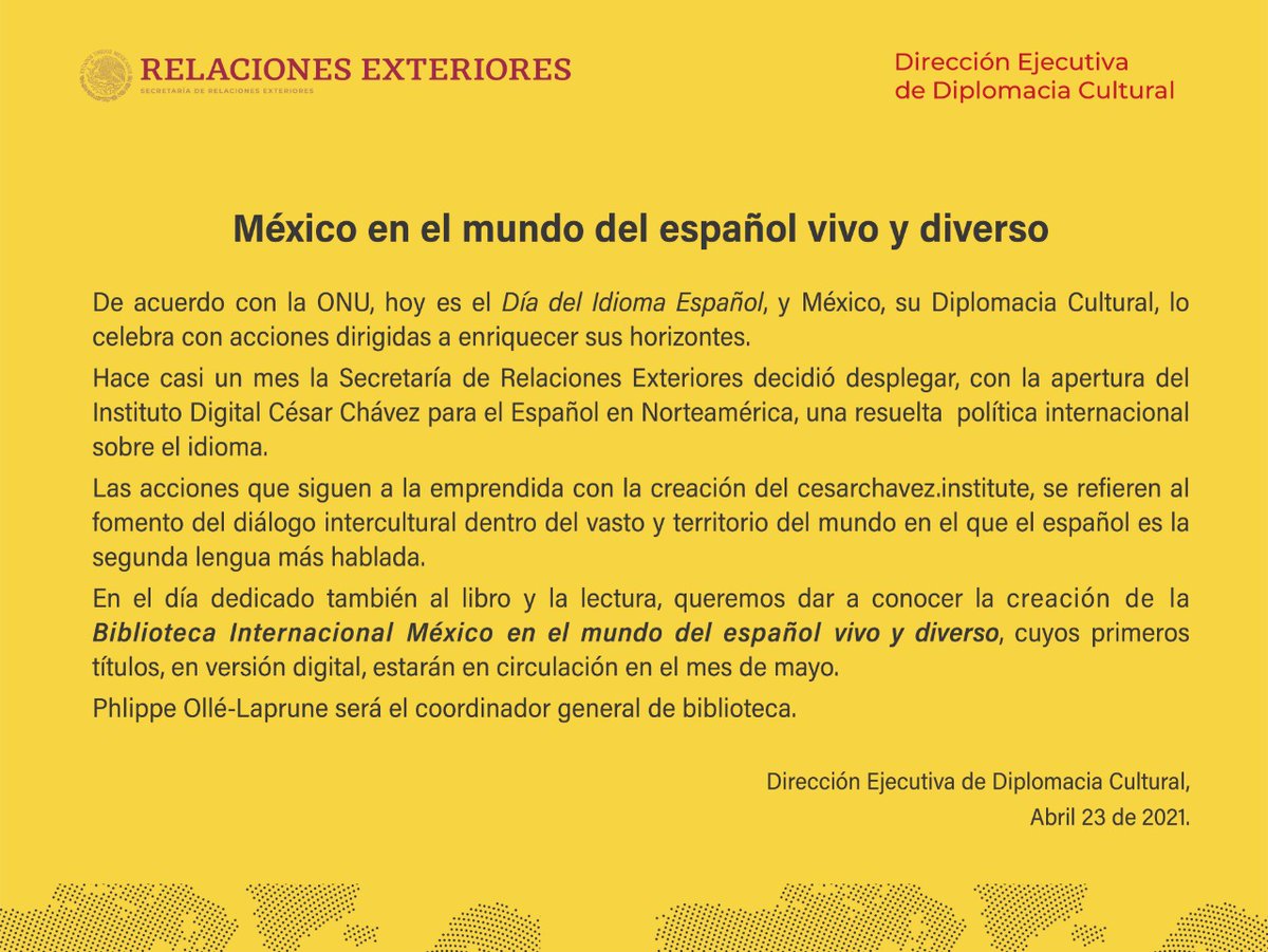 #DiplomaciaCulturalMX

The Spanish language in the Cultural Diplomacy of Mexico: a new international policy of Mexico's Foreign Ministry @SRE_mx.

#SpanishLanguageDay

cesarchavez.institute