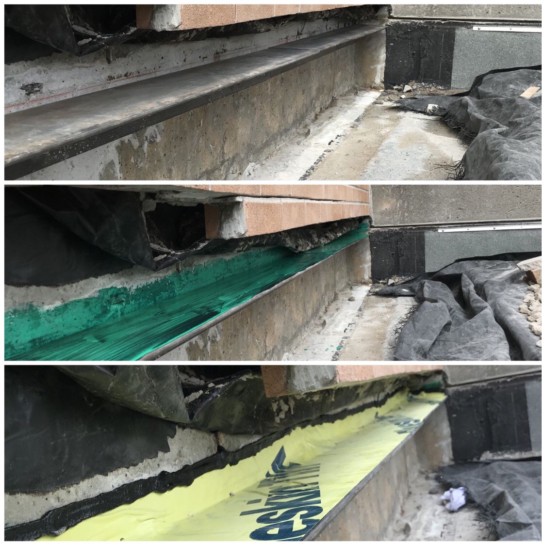 After installing our steel lintel for brick support it was time for waterproofing! We used TWF Blueskin and primer, a go-to product for us. Very happy with how it turned out.  #construction  #leakrepair   #waterproofing