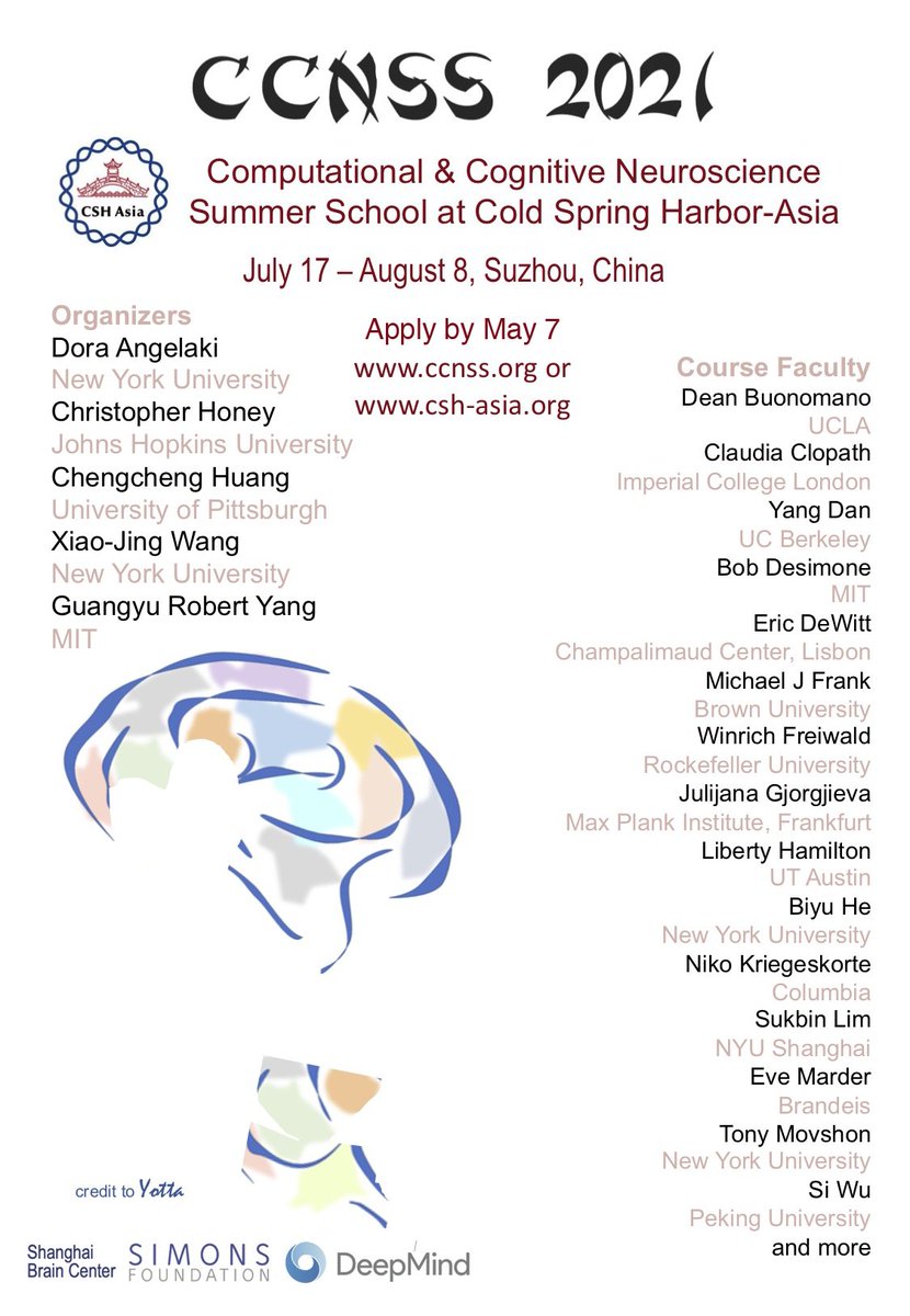 Apply for the 10th Annual Computational and Cognitive Neuroscience Summer School! ccnss.org 
organized this year by Dora Angelaki, Xiao-Jing Wang, <a href="/cc_huang11/">Chengcheng Huang</a>, and <a href="/GuangyuRobert/">Robert Yang</a> 1/N