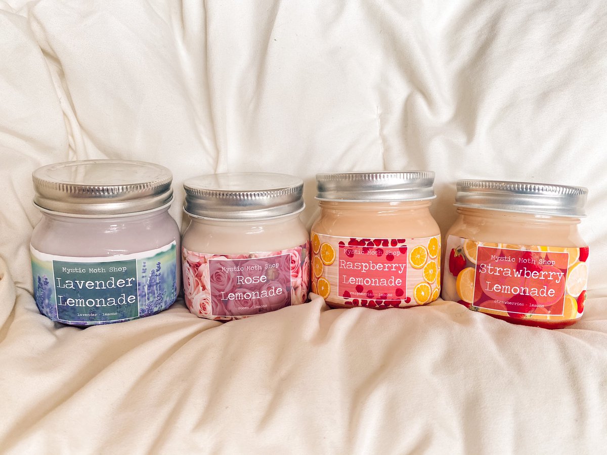 MysticMothShop's tweet photo. the lavender &amp; raspberry lemonade candles have been restocked, and two new lemonade scents have hit the shop today: rose lemonade and strawberry lemonade! 🍋 https://t.co/dTJ2ObAsOn
