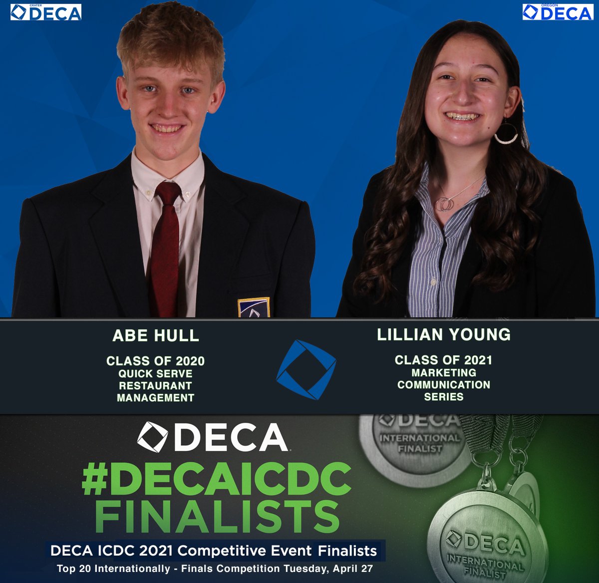 crater_deca's tweet photo. Proud to announce Abe Hull &amp; Lillian Young have advanced as International Finalists at #DECAICDC representing @OregonDECA &amp; Crater. Will compete Tuesday against top business students.  Awaiting results on other Crater DECA members, hope to share more good news. Small but mighty! https://t.co/uFuakvjcNJ