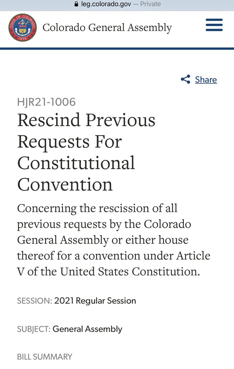 Great news. Colorado has rescinded the Koch Network bill passed by the GOP legislature that called for a Constitutional Convention.The Network wants to capture 34 state legislatures - so they can rewrite the U.S. Constitution.h/t  @satirehat https://leg.colorado.gov/bills/hjr21-1006