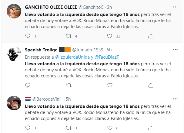 JulianMaciasT's tweet photo. Ha sido tan buena Monasterio en el debate electoral, que VOX ha ganado masivamente el voto de la gente que llevaba votando a la izquierda desde los 18 años, y así lo han manifestado en twitter todos ellos para que quede claro. https://t.co/Bzf2PxpEvU