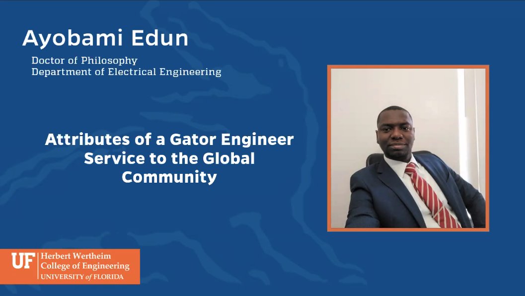 Congratulations to Ayobami Edun, ECE PhD student working with <a href="/ProfJoelBHarley/">Prof. Joel B. Harley</a>, who does indeed exemplify the attribute of service. Ayobami's service to the department spans years and is impossible to fully describe here. Congratulations!