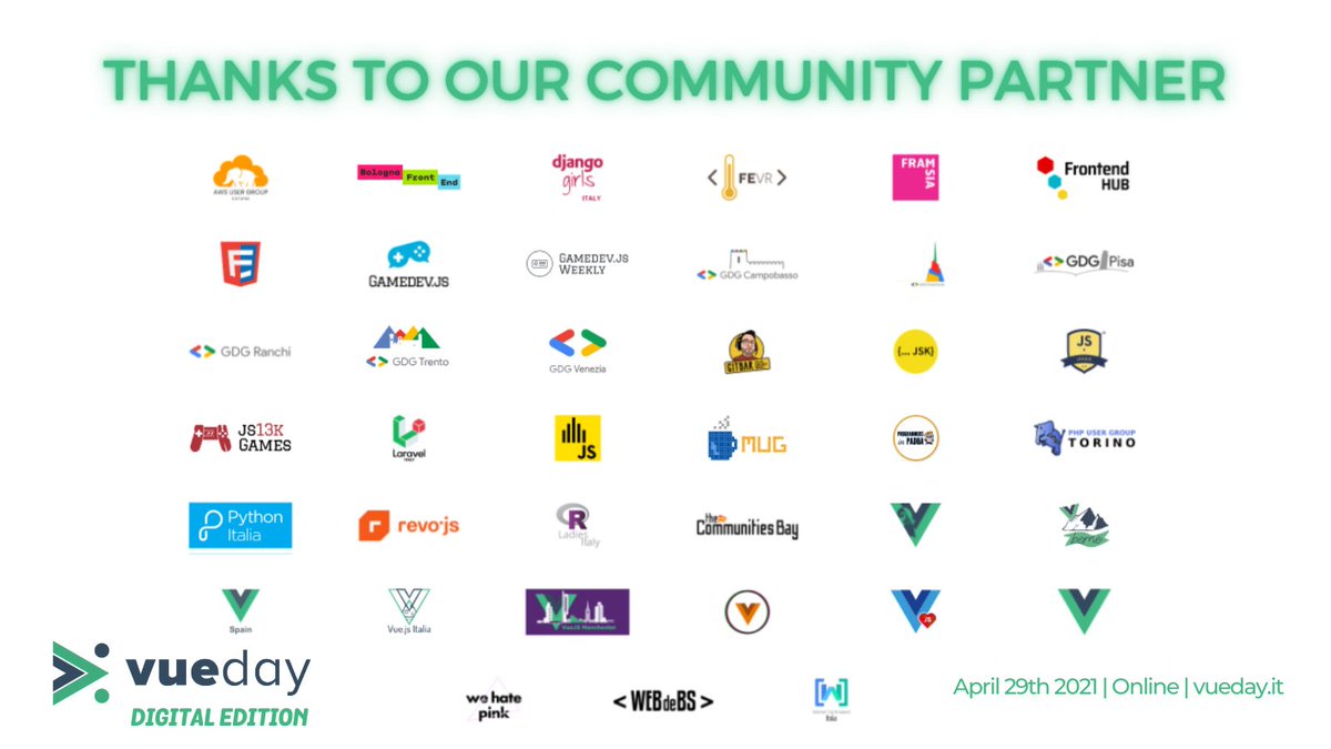 vuedayit's tweet image. A big thank you to our community partner 💚
See you on April 28th 2021 😍
🔗 vueday.it
🎫 vueday-2021.eventbrite.com
#vueday #vue #vuejs #nuxtjs #vuex #vuerouter #testing