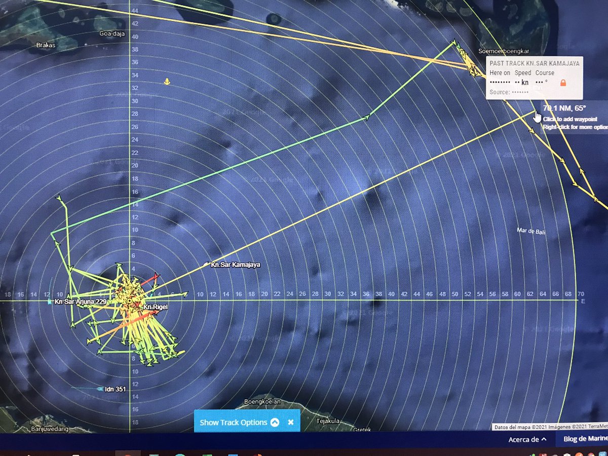 El patrón de búsqueda de la corbeta KRI Diponegoro confunde; ya que sale del area donde estuvo buscando el 1er día,para navegar al NE 65NmDa la impresión que no está clara cual es la posición informada en su ultima comunicaciónEso es mas grave que la falta de oxígeno en 12hs