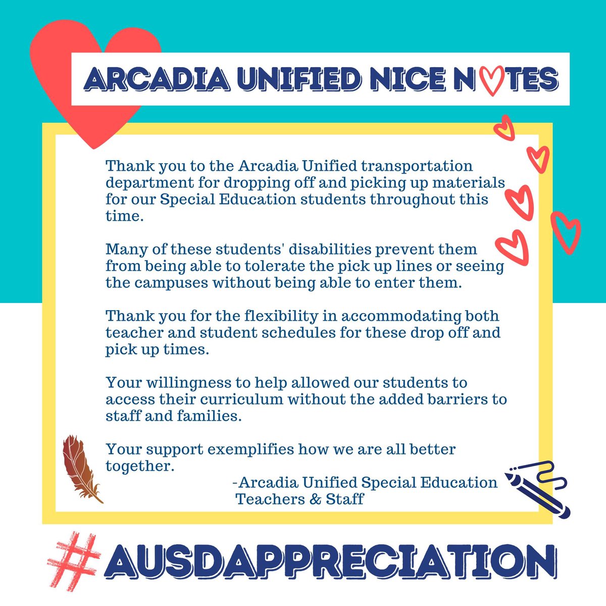 Arcadia Unified (@arcadiaunified) on Twitter photo We have all of the #AUSDAppreciation for you <a href="/ausdtransport/">Transportation AUSD</a> !! We very much echo the sentiments in this Arcadia Unified Nice N❤️te to our Transportation team! Thank you so much for the endless ways you support us no matter the circumstances. 🙏❤️🙏
#BetterTogether We have all of the #AUSDAppreciation for you <a href="/ausdtransport/">Transportation AUSD</a> !! We very much echo the sentiments in this Arcadia Unified Nice N❤️te to our Transportation team! Thank you so much for the endless ways you support us no matter the circumstances. 🙏❤️🙏
#BetterTogether