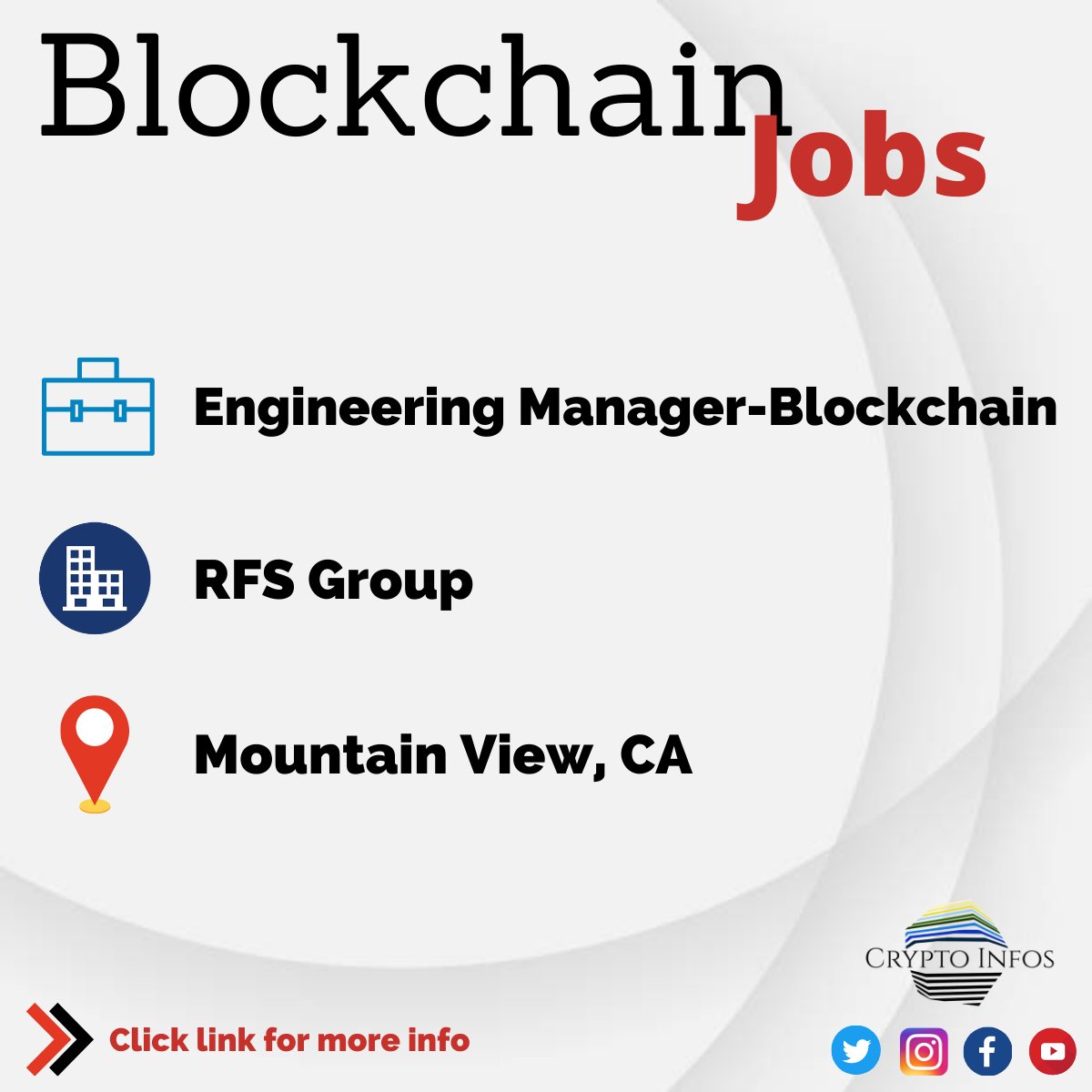 CryptoInfosEU's tweet image. ❗️NEW #Blockchain job at RFS Group.
👉Visit here:  jobs-partners.cryptoinfos.eu

#engineeringmanager #blockchainmanager #nodejs #reactdeveloper #blockchaindeveloper #fintech #fintechjobs  #blockchainjobs  #bcjobs #cryptojobs #mountainview #California